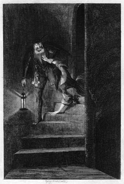 Lawrence Nightgall ciągnący Cicely tajnymi schodami w Wieży Solnej, 1840 autorstwa George Cruikshank