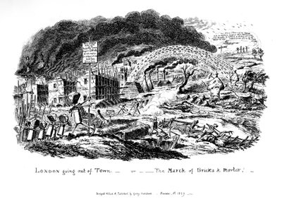 Londyn wyjeżdża z miasta – czyli Marsz cegieł i zaprawy, 1829 autorstwa George Cruikshank