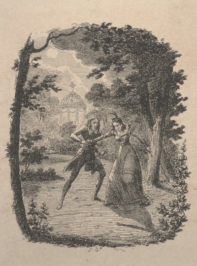 Mężczyzna i kobieta w ogrodzie (akwaforta) autorstwa George Cruikshank