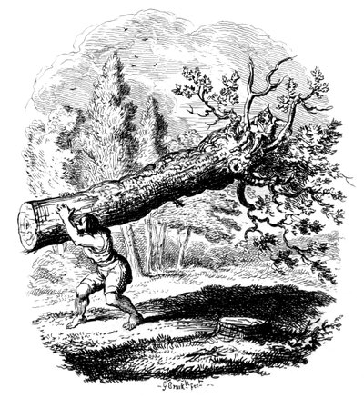 Mężczyzna niosący na ramieniu duży pień drzewa, XIX wiek. autorstwa George Cruikshank