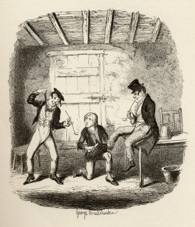 Мастер Бейтс 1838 онд Чарльз Диккенс (1812-70) бичсэн "Оливер Твистийн адал явдал" зохиолоос мэргэжлийн техникийн талаар тайлбарлаж байна, Чапман унд Холл, 1901 онд хэвлүүлсэн. autorstwa George Cruikshank