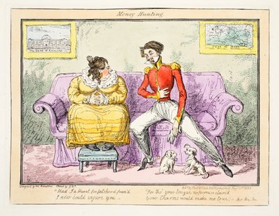 Polowanie na pieniądze, 1835 (rycina ręcznie kolorowana) autorstwa George Cruikshank
