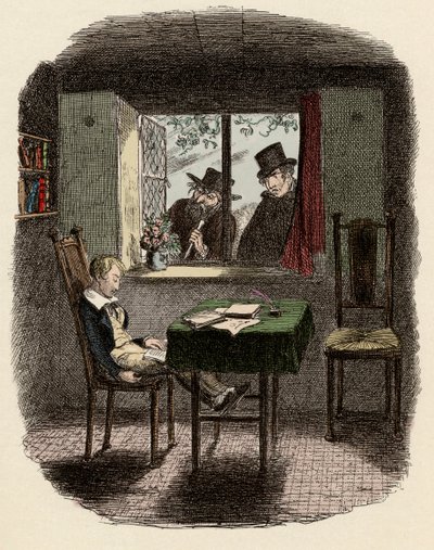Mnisi i Fagin obserwujący Olivera śpiącego w Bibliotece Maylie - Mnisi i Żyd - Ilustracja do „” Oliver Twist”” (Oliver) (Przygody Olivera Twista) autorstwa Charlesa Dickensa (1812-1870), autorstwa George