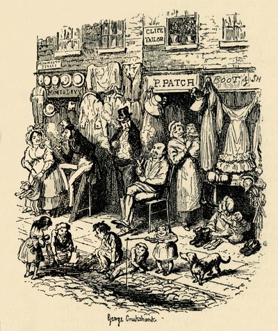 Monmouth Street, Soho, ilustracja G. Cruikshanka do Dickens Sketches Boza. , 1938 autorstwa George Cruikshank