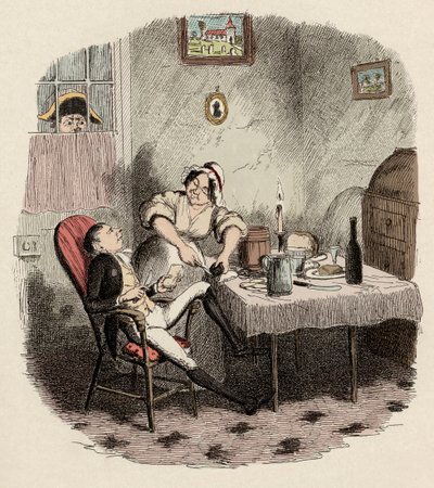 Monsieur Bumble obserwuje Noe Claypole i Charlotte - Mr Claypole, jak pojawił się, gdy jego mistrz był nieobecny - Ilustracja do „” Oliver Twist”” (Olivier) (Przygody Olivera Twista) Charlesa Dickensa (1812-1870), autorstwa George