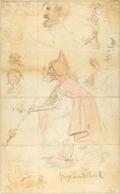 Matka Shipton (rekto); Arkusz szkiców: Fleur-de-Lis i postacie (verso) autorstwa George Cruikshank