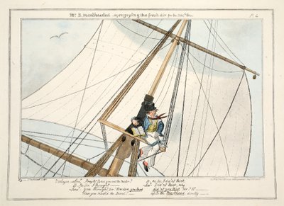 Mr. B. Mastheaded - czyli ciesząc się świeżym powietrzem po raz 304., z Postępu kadeta, 1835 (ręcznie kolorowana grawerunek) autorstwa George Cruikshank