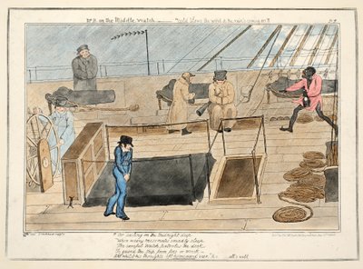 Pan B na środkowym warcie - wiatr wieje zimno i nadciągają deszcze, z Postępy kadeta, wyd.1835 (ręcznie kolorowany grawerunek) autorstwa George Cruikshank