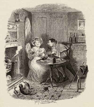 Pan Bumble i pani Corney piją herbatę, z „Przygody Olivera Twista” Charlesa Dickensa (1812-70) 1838, wydanej przez Chapman und Hall, 1901 autorstwa George Cruikshank