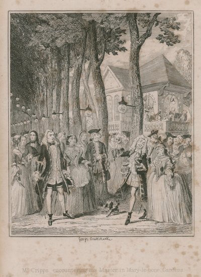 Pan Cripps spotyka swojego Mater w ogrodach Mary-le-bone autorstwa George Cruikshank
