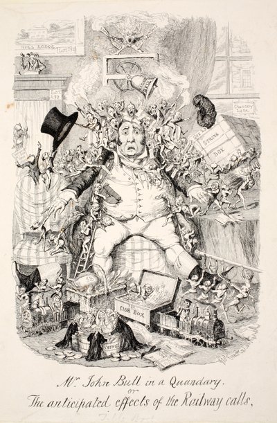 Pan John Bull w rozterce lub przewidywane skutki wywołań kolejowych, wyd. 1845 autorstwa George Cruikshank