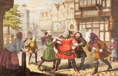 Pani Quickly każe aresztować Sir Johna Falstaffa w Henryku IV, Część 2, z "The Illustrated Library Shakespeare", wydanej w Londynie w 1890 r. autorstwa George Cruikshank