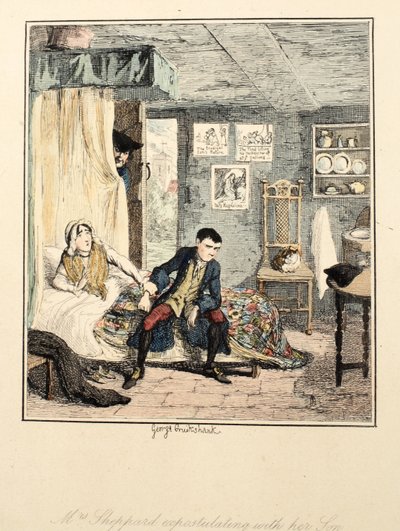 Pani Sheppard ekspostuluje ze swoim synem, ilustracja z Jacka Shepparda: Romans Williama Harrisona Ainswortha, opublikowana w 1839 r. (akwaforta ręcznie kolorowana) autorstwa George Cruikshank