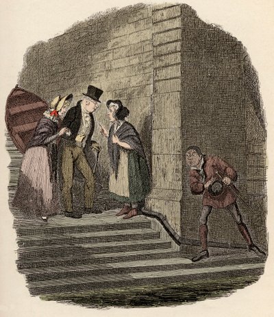 Noe Claypole szpieguje tajne spotkanie pana Brownlowa, Rose Maylie i Nancy - Spotkanie - Ilustracja do „” Oliver Twist”” (Olivier) (Przygody Olivera Twista) Charlesa Dickensa (1812-1870), autorstwa George