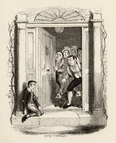 Oliver Twist pod drzwiami pani Maylie, z „Przygody Olivera Twista” Charlesa Dickensa (1812-70) 1838, wydanej przez Chapman und Hall, 1901 autorstwa George Cruikshank