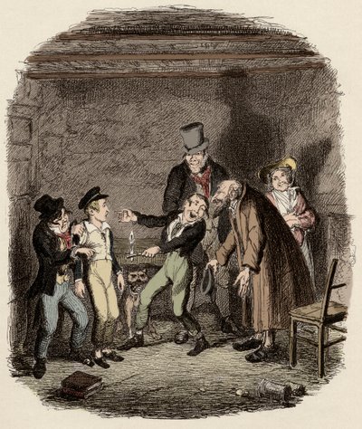 Oliver Twist przyjęty przez starego Fagina i jego zespół - Przyjęcie Olivera przez Fagina i chłopców - Ilustracja do „” Oliver Twist”” (Olivier) (Przygody Olivera Twista) autorstwa Charlesa Dickensa (1812-1870), autorstwa George