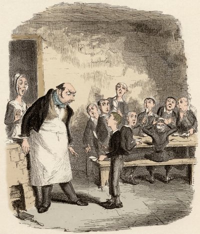 Oliver ma prosić o dodatkowe jedzenie od przełożonego Hospicjum dla Małych Dzieci - Oliver prosi o więcej - Ilustracja do „” Oliver Twist””” (Olivier) (Przygody Olivera Twista) autorstwa Charlesa Dickensa (1812-1870), autorstwa George