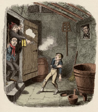 Oliver zaskoczony i zraniony podczas próby włamania - The Burglary - Ilustracja do „” Oliver Twist”” (Olivier) (Przygody Olivera Twista) autorstwa Charlesa Dickensa (1812-1870), autorstwa George