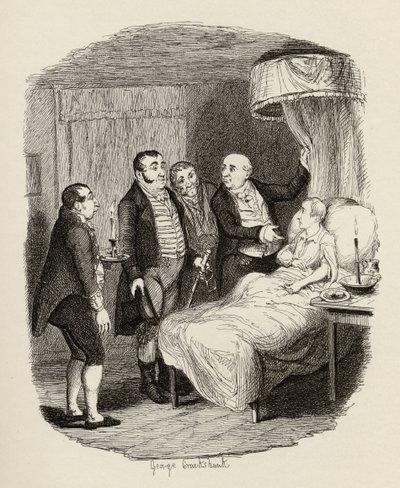 Oliver czekał na Bow Street Runners, z „Przygody Olivera Twista” Charlesa Dickensa (1812-70) 1838, wydanej przez Chapman und Hall, 1901 autorstwa George Cruikshank