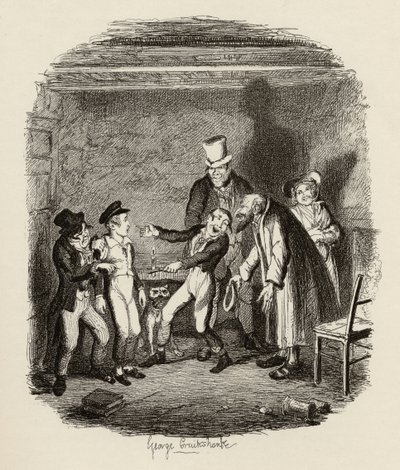 Przyjęcie Olivera przez Fagina i chłopców, z „Przygód Olivera Twista” Charlesa Dickensa (1812-70) 1838, wydane przez Chapman und Hall, 1901 autorstwa George Cruikshank