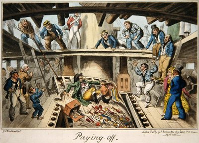 „Paying Off”, ilustracja z serii rycin przedstawiających życie w marynarce wojennej autorstwa George Cruikshank