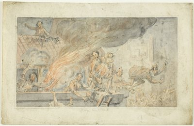 Ludzie uciekający z płonącego budynku autorstwa George Cruikshank