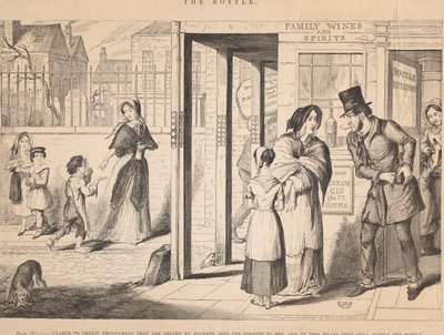 Ilustracja IV: Nie mogąc znaleźć zatrudnienia, z powodu ubóstwa są zmuszeni do życia na ulicy i żebrania autorstwa George Cruikshank