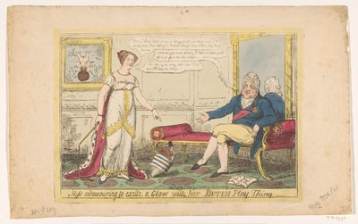 Księżniczka Charlotte bawiła się swoim holenderskim bączkiem, 1814 Miss usiłuje podniecić Blask swoją holenderską rzeczą do zabawy (tytuł na obiekcie) autorstwa George Cruikshank