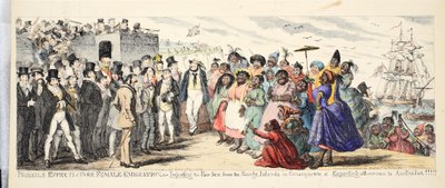 Probable Effects of Over Female Emigration or Importing the Fair Sex from Savage Islands in Consequence of Importing all our own to Australia!, wyd. ok. 1844 (ręcznie kolorowana rycina) autorstwa George Cruikshank