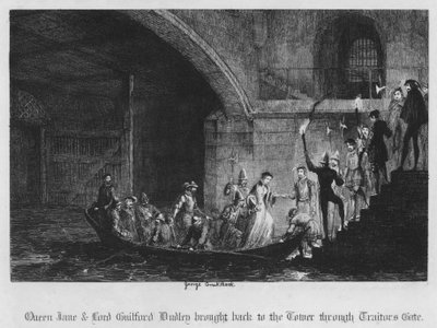 Królowa Jane i Lord Guilford Dudley sprowadzeni do Wieży przez Bramę Zdrajców (rycina) autorstwa George Cruikshank