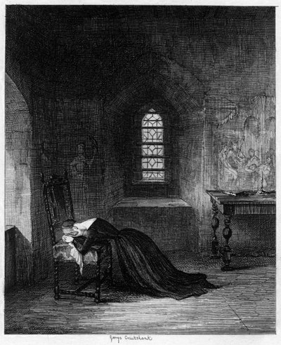 Królowa Jane uwięziona w Brick Tower, Tower of London, 1553-1554 1840. autorstwa George Cruikshank