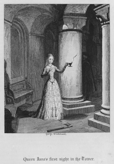 Pierwsza noc królowej Jane w wieży (grawerowanie) autorstwa George Cruikshank