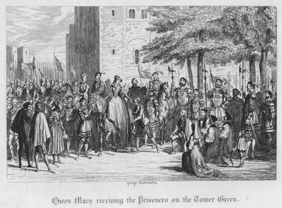 Królowa Maria przyjmująca więźniów na Tower Green (rycina) autorstwa George Cruikshank