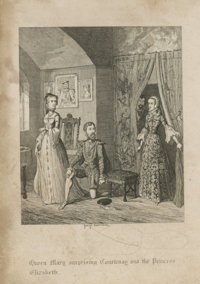 Królowa Mary zaskakuje Courtenay i księżniczkę Elżbietę autorstwa George Cruikshank