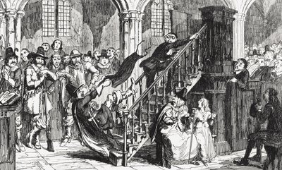 Wielebny Holdenough podczas nabożeństwa, ilustracja z „Woodstock” Sir Waltera Scotta (1771-1832) opublikowana w 1845 r. autorstwa George Cruikshank