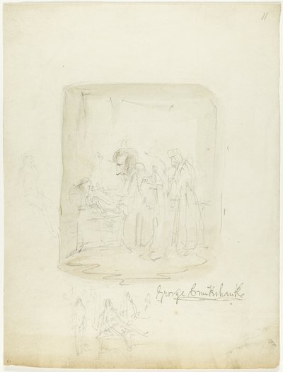 Arkusz szkiców z autoportretem autorstwa George Cruikshank