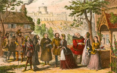 Sir John Falstaff z wizytą u swego przyjaciela Page w Windsor autorstwa George Cruikshank