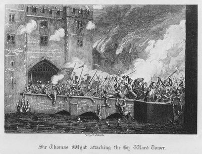 Sir Thomas Wyatt atakuje Byward Tower (rycina) autorstwa George Cruikshank