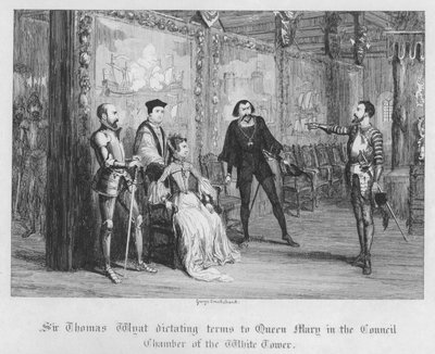 Sir Thomas Wyatt dyktuje warunki królowej Marii w Sali Rady Białej Wieży (rycina) autorstwa George Cruikshank