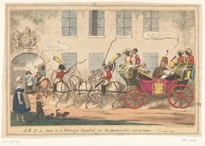 Spotprent op prins Caroline, 1817 Wizyta R-Y-L w zagranicznej stolicy lub ambasador poza domem-!! (tytuł na obiekcie) autorstwa George Cruikshank
