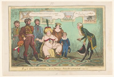 Spotprent op prins Caroline, 1817 R-y-l Protekcjonalność lub minister spraw zagranicznych zdziwiony! autorstwa George Cruikshank