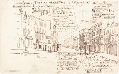Perspektywa ulicy z oznaczonymi miejscami prowadzenia działalności autorstwa George Cruikshank