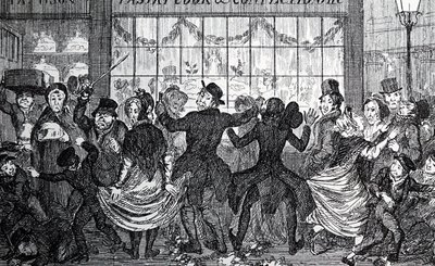 Jeżowce sieją spustoszenie w tłumie przed cukiernią i cukiernią w Dwunastą Noc autorstwa George Cruikshank