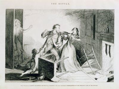 Butelka, Tablica VI, Straszliwe kłótnie i brutalna przemoc są naturalnymi konsekwencjami częstego używania butelki, 1847 autorstwa George Cruikshank