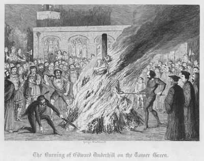 Spalenie Edwarda Underhilla na Zielonej Wieży (rycina) autorstwa George Cruikshank