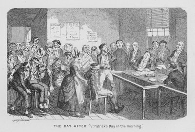 The Day After - Dzień Św. Patryka rano (grawerowanie) autorstwa George Cruikshank