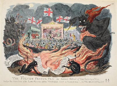 The Fiends Patelnia lub Coroczny Festiwal Toma Foolery & Vice, wyd. 1832 (grawerowanie ręcznie kolorowane) autorstwa George Cruikshank