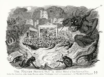 Patelnia Diabła, czyli coroczny festiwal wygłupów i występków pod sankcją burmistrza i czcigodnego dworu radnych! W Wieku Intelektu!! (rytownictwo) autorstwa George Cruikshank