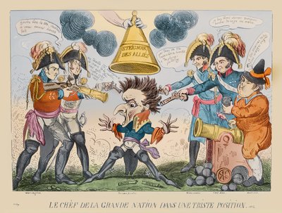 Głowa Wielkiego Narodu w queerowej sytuacji, 1813 (akwaforta ręcznie kolorowana) autorstwa George Cruikshank