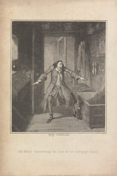 Skąpiec odkrywający utratę pieniędzy hipotecznych autorstwa George Cruikshank